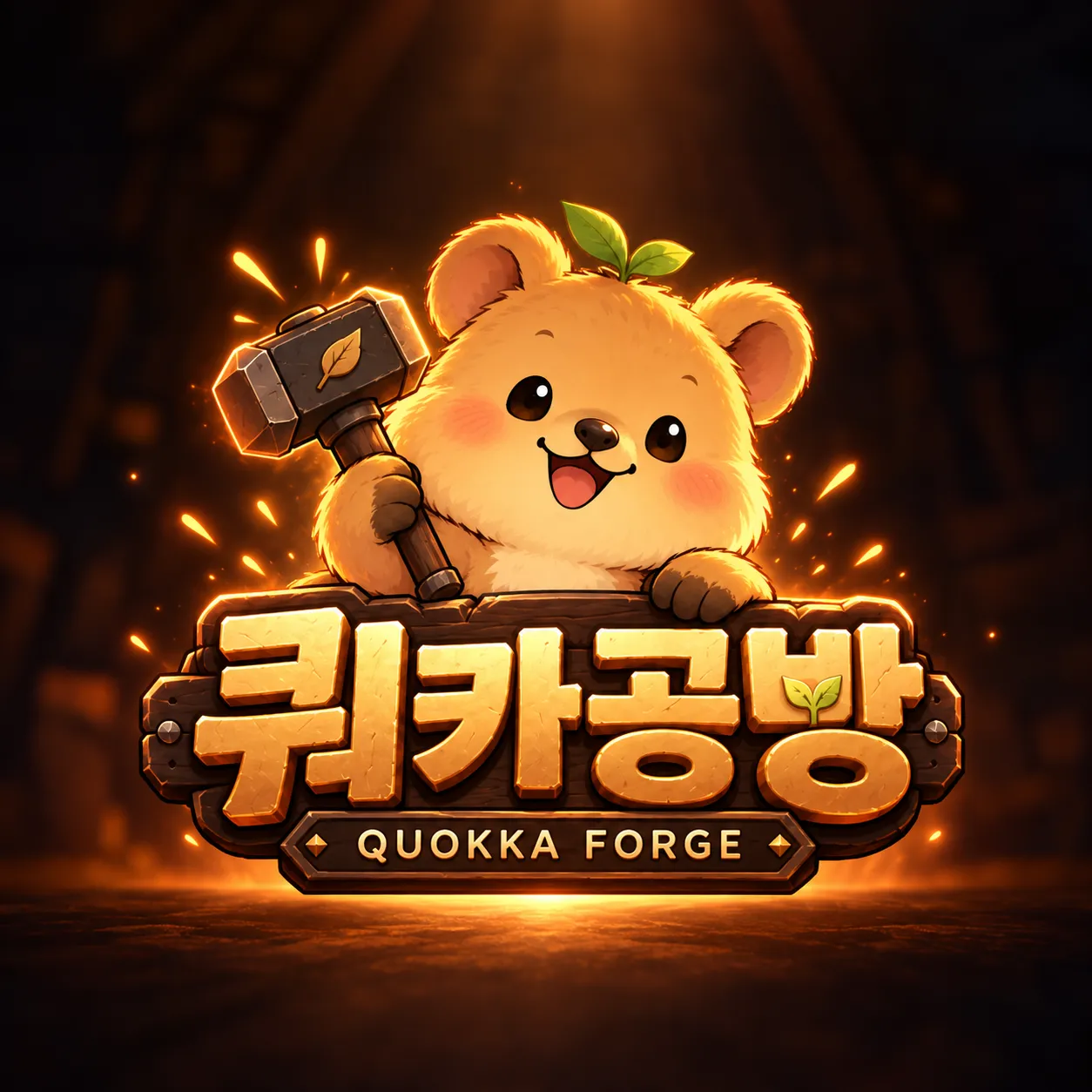 쿼카공방 로고. 망치를 든 쿼카가 "쿼카공방 QUOKKA FORGE" 나무 간판 위로 고개를 내밀고 있다.